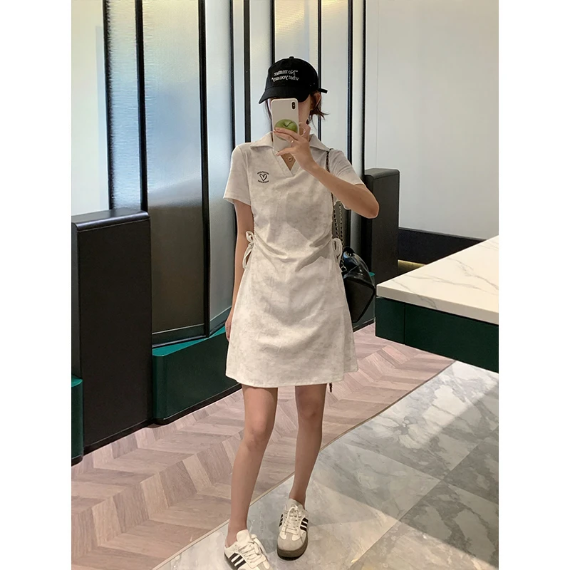 胖mm大码扎染Polo领短袖连衣裙女装夏季新款抽绳收腰显瘦A字T恤裙
