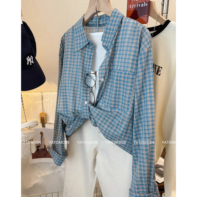 胖妹妹大码显白蓝色格子衬衫女设计感小众减龄气质衬衣上衣春秋季