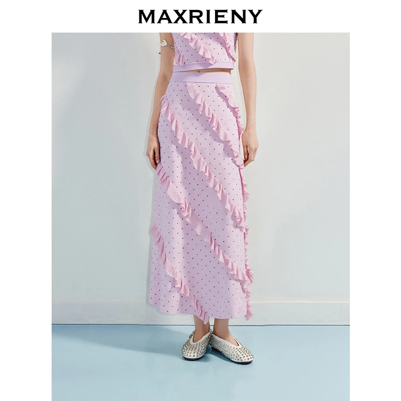 MAXRIENY2025秋新款华丽甜美风荷叶边烫钻高腰气质直筒中长裙