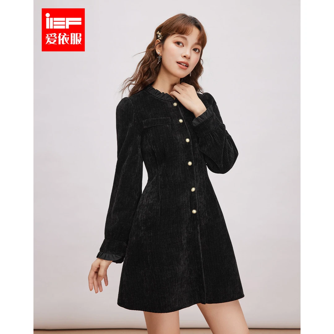 IEF/爱依服2025新款冬季时尚赫本风修身显瘦气质百搭通勤连衣中裙