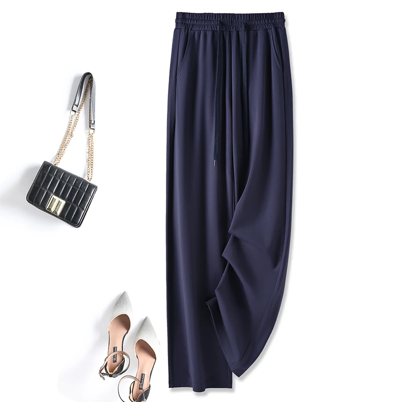 冰丝阔腿裤女2025新款夏季薄款藏青色胖MM大码宽松垂坠感休闲长裤