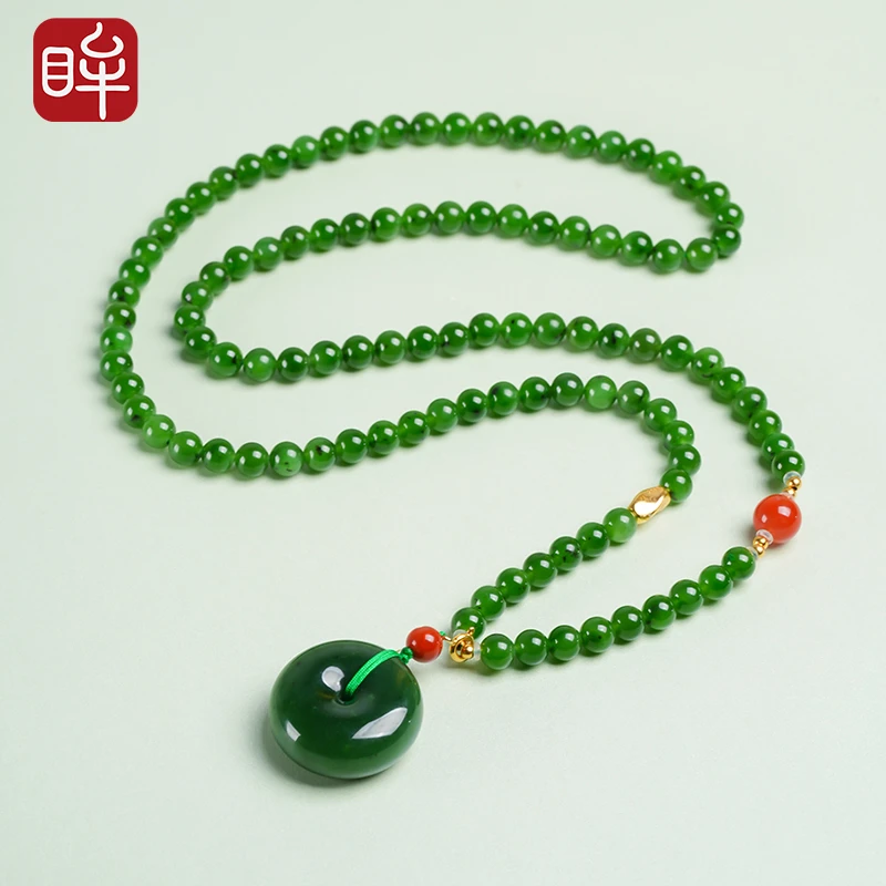 印象眸S925银和田玉碧玉6mm圆珠项链ND