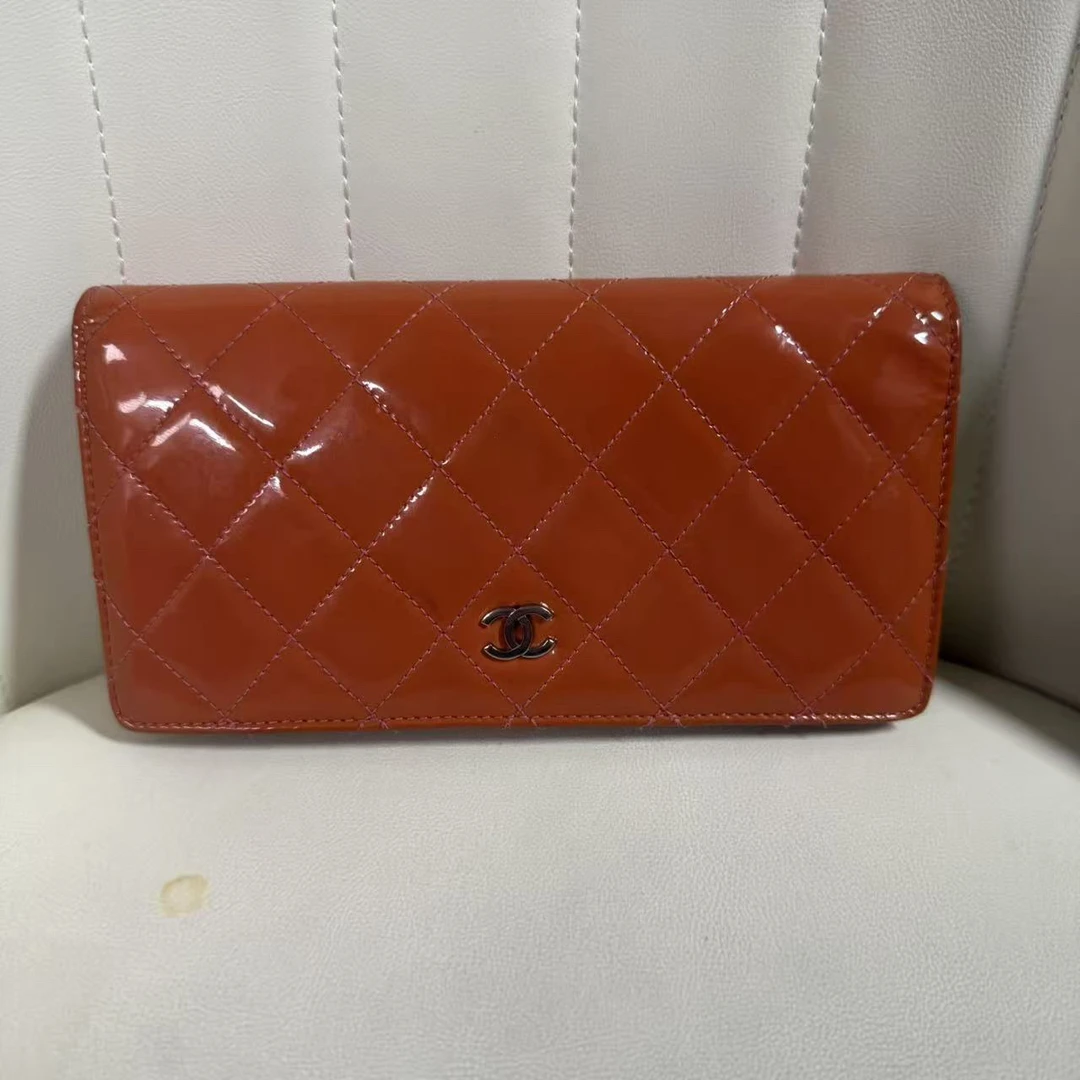 95新 Chanel/香奈儿 香奈儿橘色漆皮菱格纹钱包