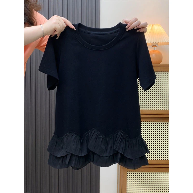 大码胖mm200斤独特绝美显瘦正肩花边设计感短袖t恤女宽松遮肉上衣