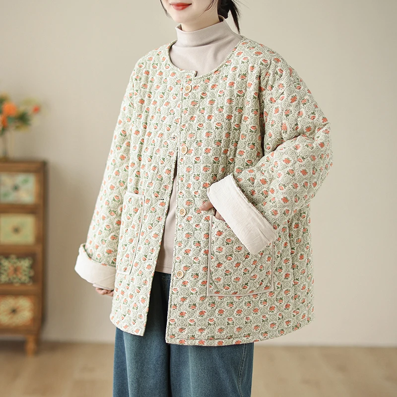 双口袋设计碎花小棉服女式2025冬季宽松保暖百搭长袖圆领棉衣外套