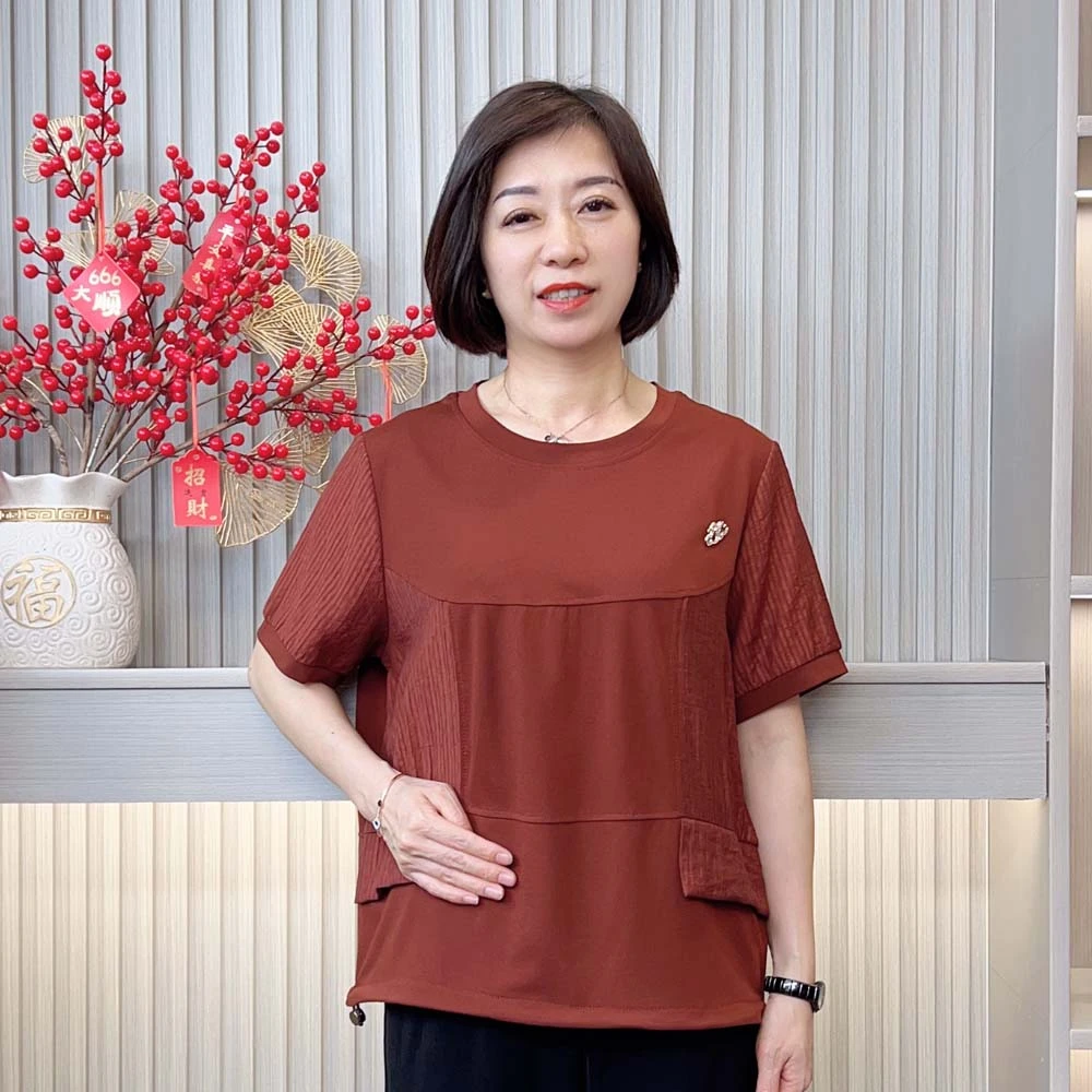 夏季新款洋气百搭减龄宽松显瘦气质圆领拼接中老年妈妈装短袖上衣