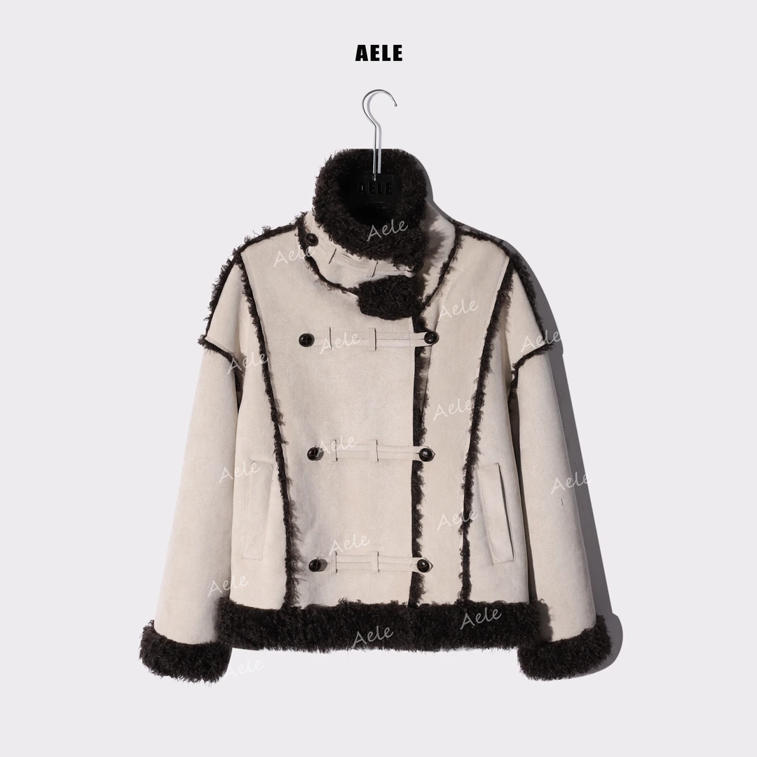 AELE【冬日奶咖】秋冬加厚宽松软糯糯皮毛一体短外套 R855 3511 AD