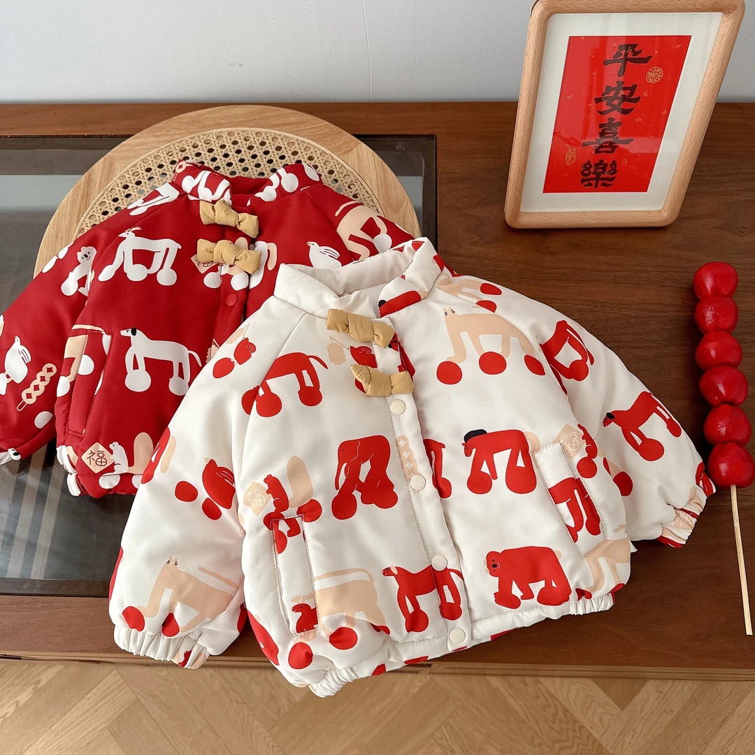 abnn儿童红色拜年服0-5岁冬季女童卡通印花棉服男童夹棉加厚衣服