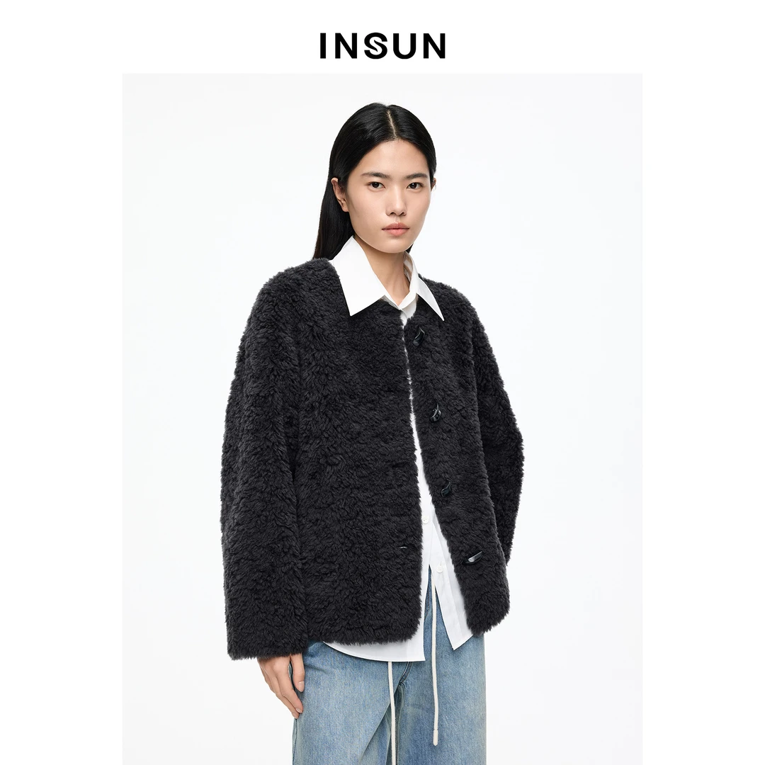 INSUN恩裳专选2026春季通勤风圆领松弛感羊毛短外套9C66110200