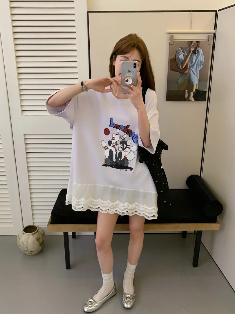 琪琪图案短袖百搭印花拼接韩版T恤休闲中长款修身型