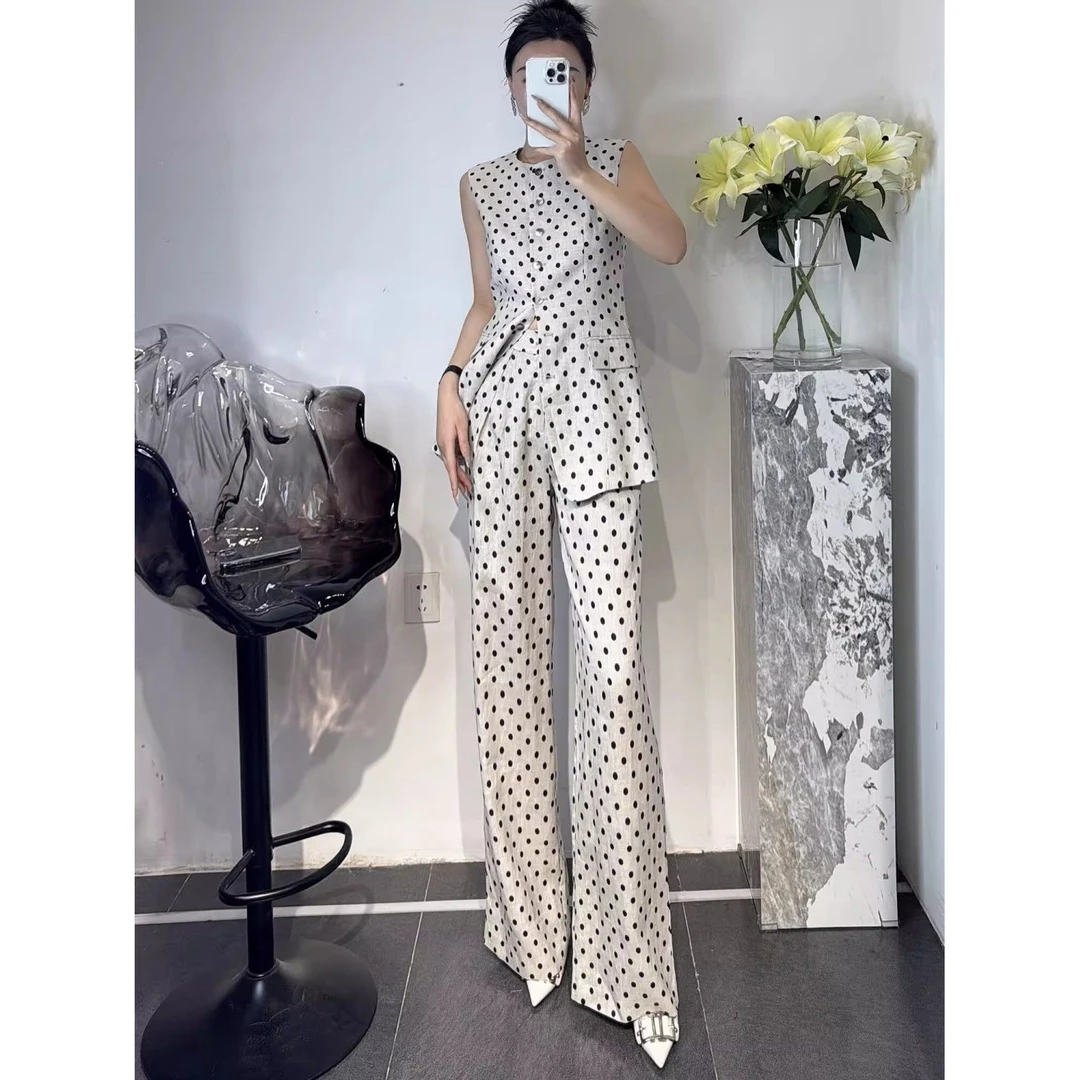 亚麻时尚套装设计感洋气天然波点亚麻西装马甲阔腿裤两件套2024夏