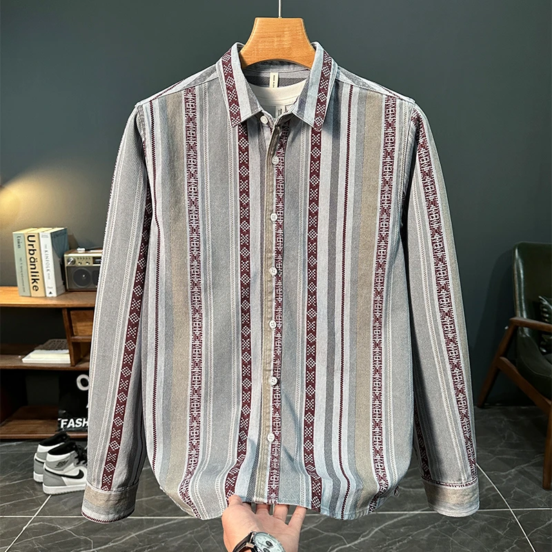 春秋新款日系港风条纹长袖衬衫男士时尚百搭文艺休闲宽松上衣外套
