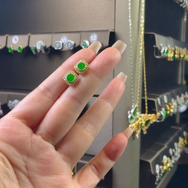 翡翠银S925镶嵌耳饰缅甸A货