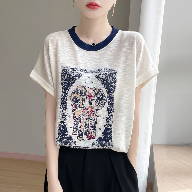 品牌夏季新款竹节麻拼色圆领针织短袖女大象图案洋气百搭宽松上衣