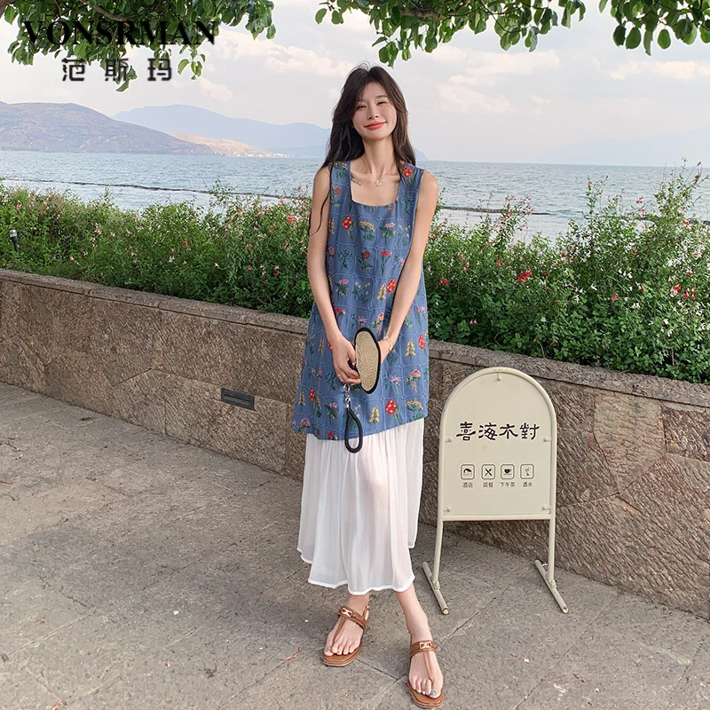 无袖刺绣背心连衣裙女夏季2025新款设计感小众拼接宽松假两件长裙