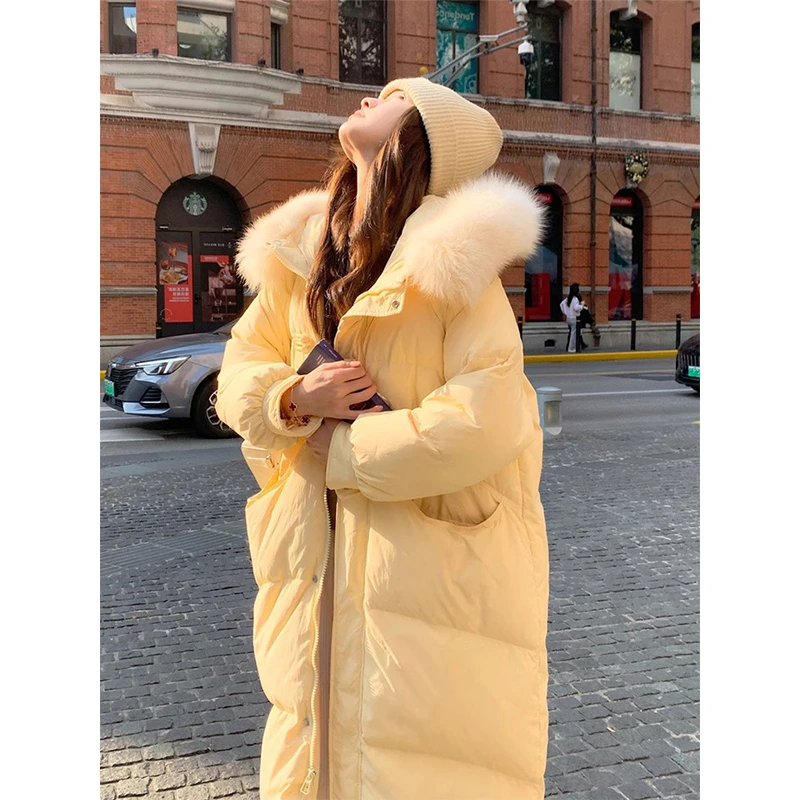 韩系奶呼呼黄色大毛领连帽保暖棉服女冬季新款中式盘扣中长款棉衣