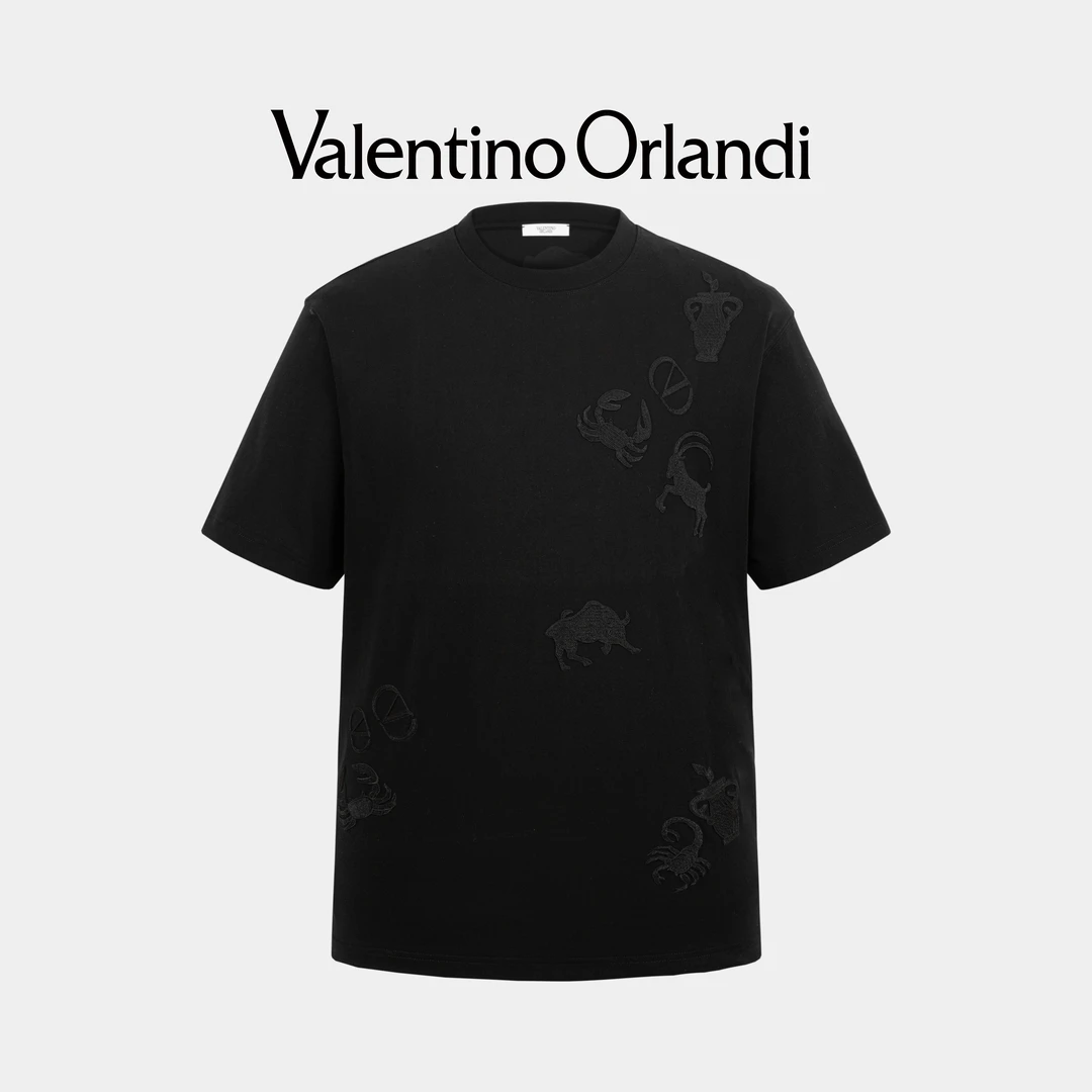 Valentino orlandi男士夏季时尚百搭休闲刺绣动物圆领短袖T恤