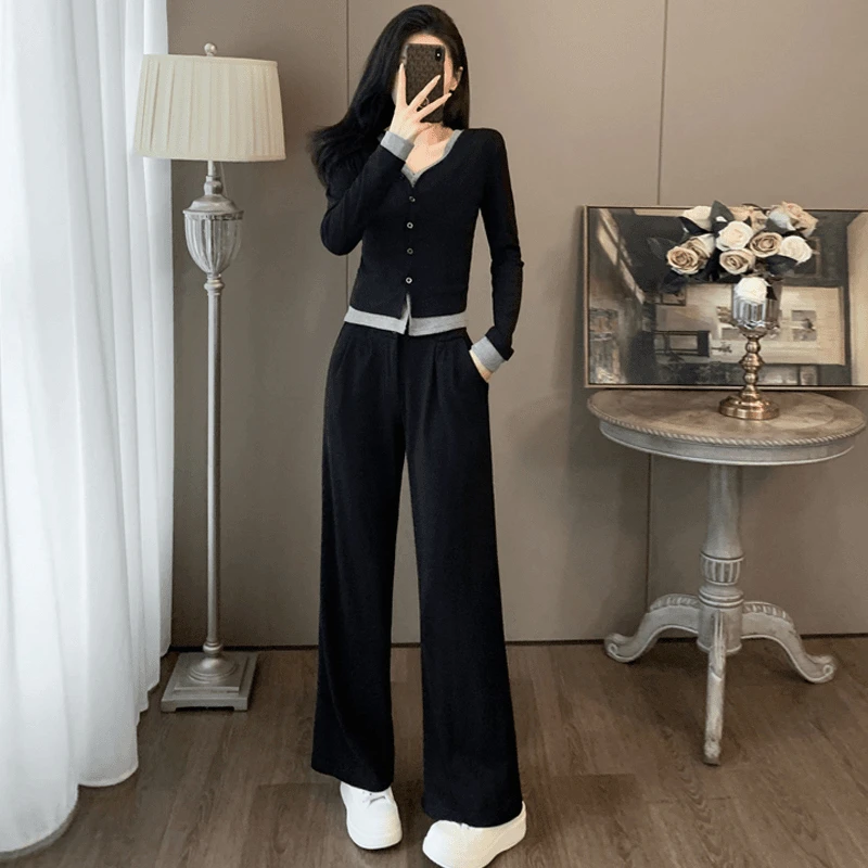 时尚休闲假两件t恤套装女2025年秋季新款小个子高腰阔腿裤两件套