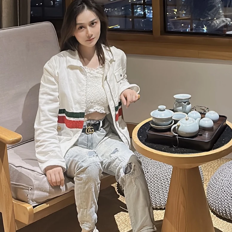 未使用 GUCCI/古驰 白色条纹牛仔飞行员夹克外套