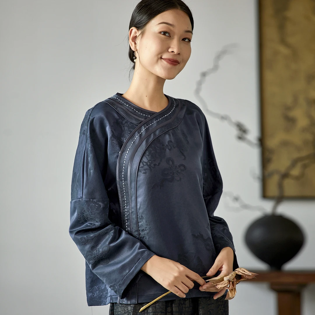布小匠原创设计桑蚕丝缎面提花香云纱旗袍上衣女新款中式端庄衬衫