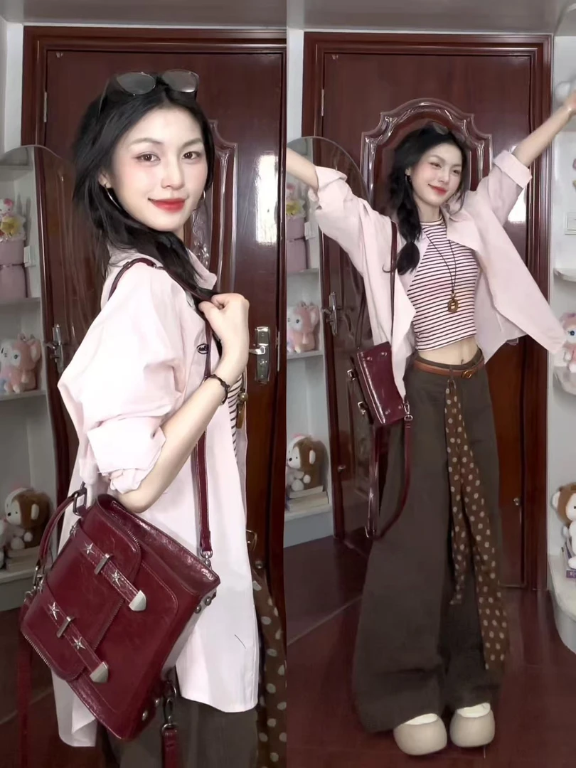 2025春夏新款韩系穿搭设计感条纹无袖背心衬衫上衣阔腿裤三件套女