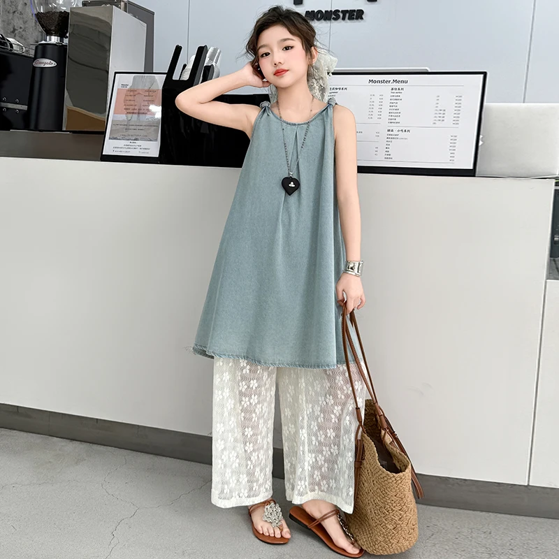 女童夏季连衣裙套装中大童儿童夏装宽松蕾丝阔腿裤牛仔裙两件套