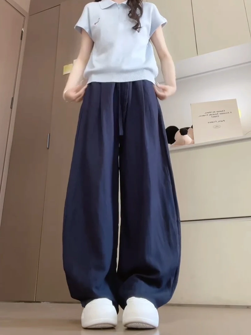 藏青色亚麻休闲裤女2025夏季新款大码宽松显瘦梨形身材弯刀阔腿裤