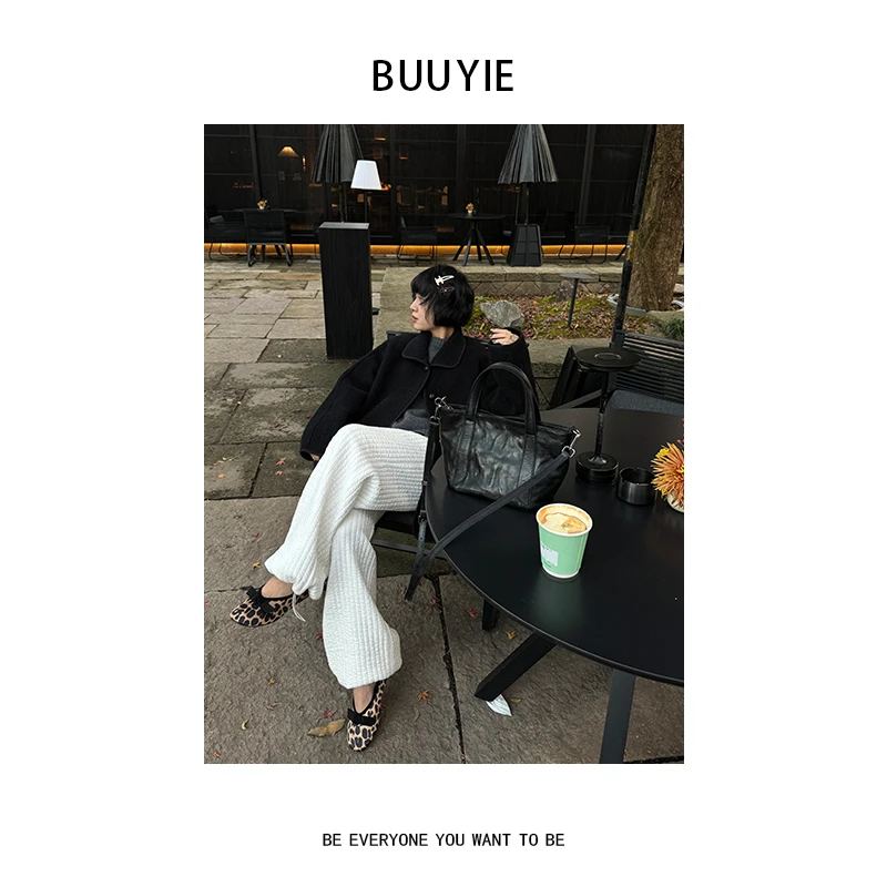BUUYIE 25SS【云朵慕斯】松紧腰白色竖条直筒休闲裤 2470548