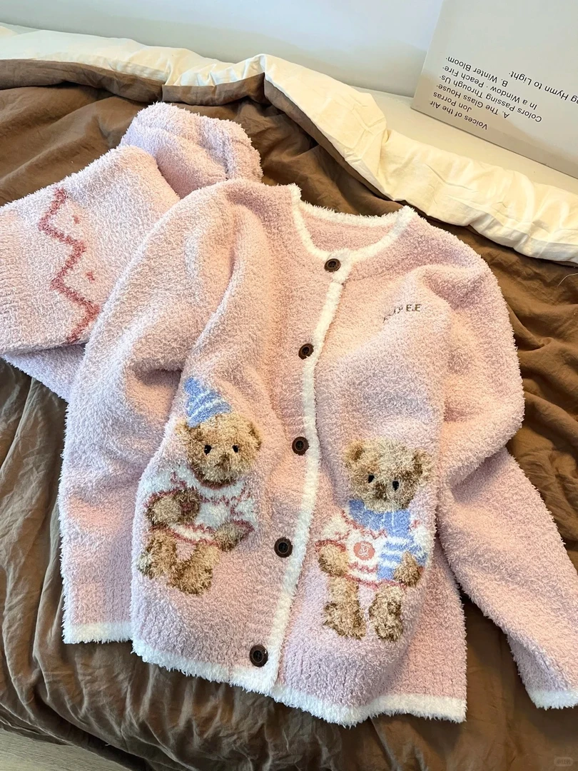 韩系甜美可爱粉嫩泰迪熊半边绒睡衣女冬季加绒加厚保暖套装家居服