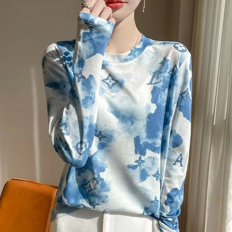 春夏新款水溶羊毛＋莱赛尔天丝圆领针织衫精美透视感墨染