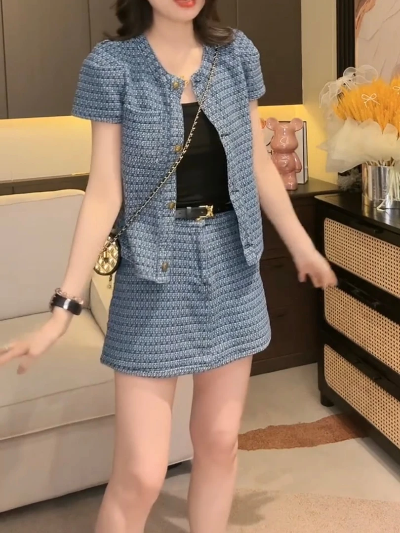 夏季新款时尚洋气编织牛仔套装薄款短袖外套短裤裙显瘦两件套