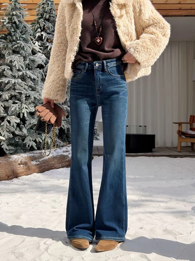 SU【360】代G 愫敏 冬款特绒喇叭牛仔裤高腰深蓝色加厚拖地裤