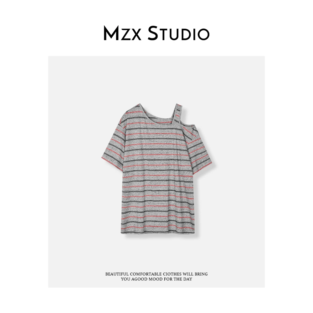 MZX 夏季条纹不规则露肩撞色短袖 SY9112-H