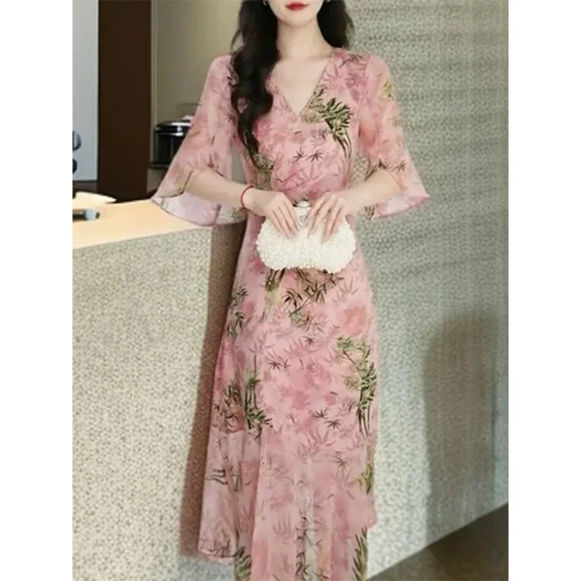 【赠送运费险】L8873 2025年夏季V领甜美显瘦减龄中长款连衣裙
