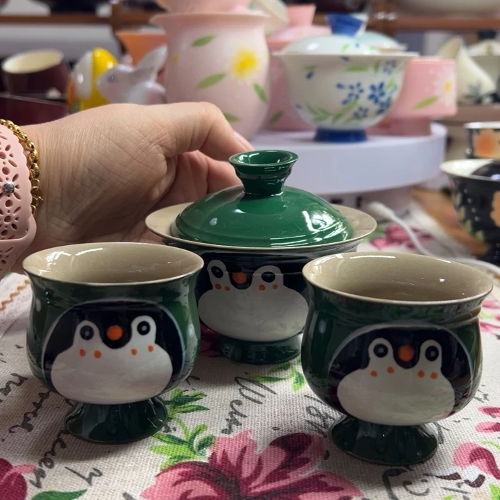 小企鹅盖碗一碗两杯