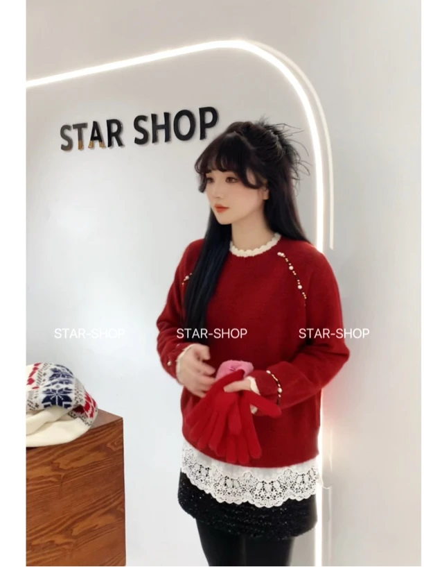 ｛偶遇西雅图｝撞色边 珍珠装饰 小花边 圆领针织衫