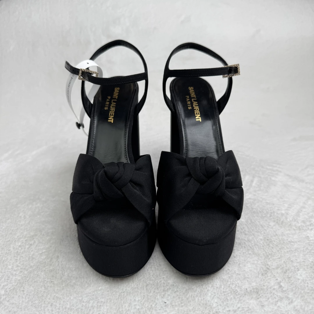 95新 YSL/圣罗兰 黑色蝴蝶结厚底粗跟罗马凉鞋/36.5码/FZ228