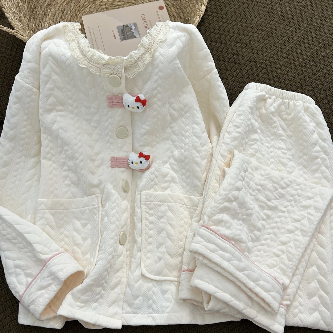 甜美kitty猫空气棉睡衣秋冬季软芙芙可爱少女宅家宿舍家居服套装