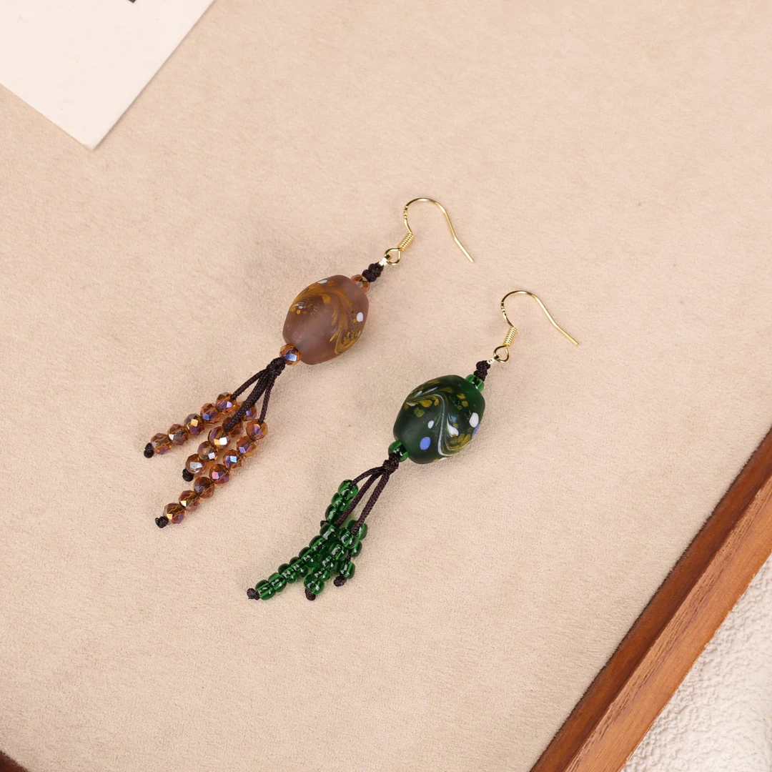合金耳饰 LZ5342-1咖绿色磨砂凤尾小米珠流苏琉璃耳环