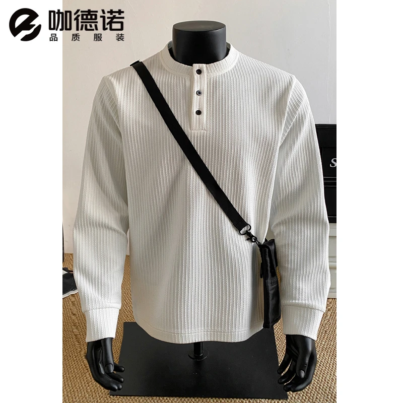 2025秋季新款港风假模大码扣子长袖T恤男士针织休闲百搭打底潮流