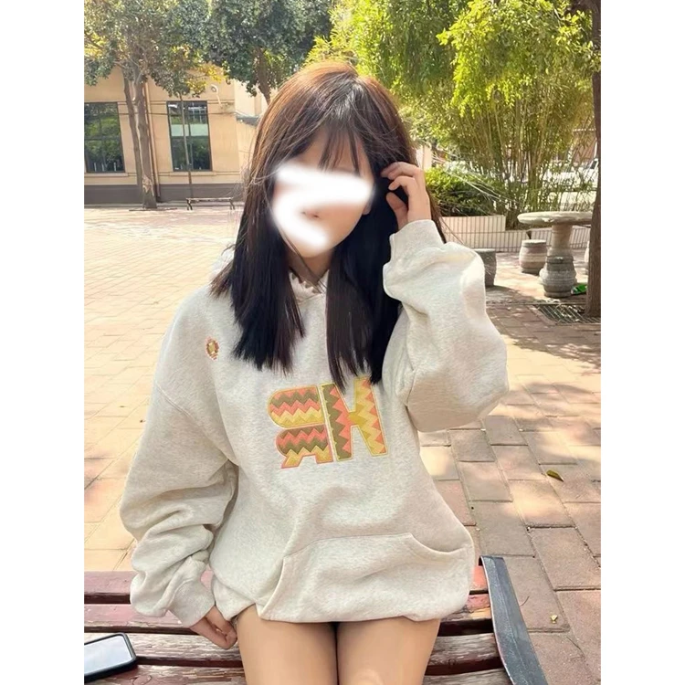 纯棉美式潮牌复古刺绣连帽卫衣女秋冬加绒小众设计感情侣帽衫外套