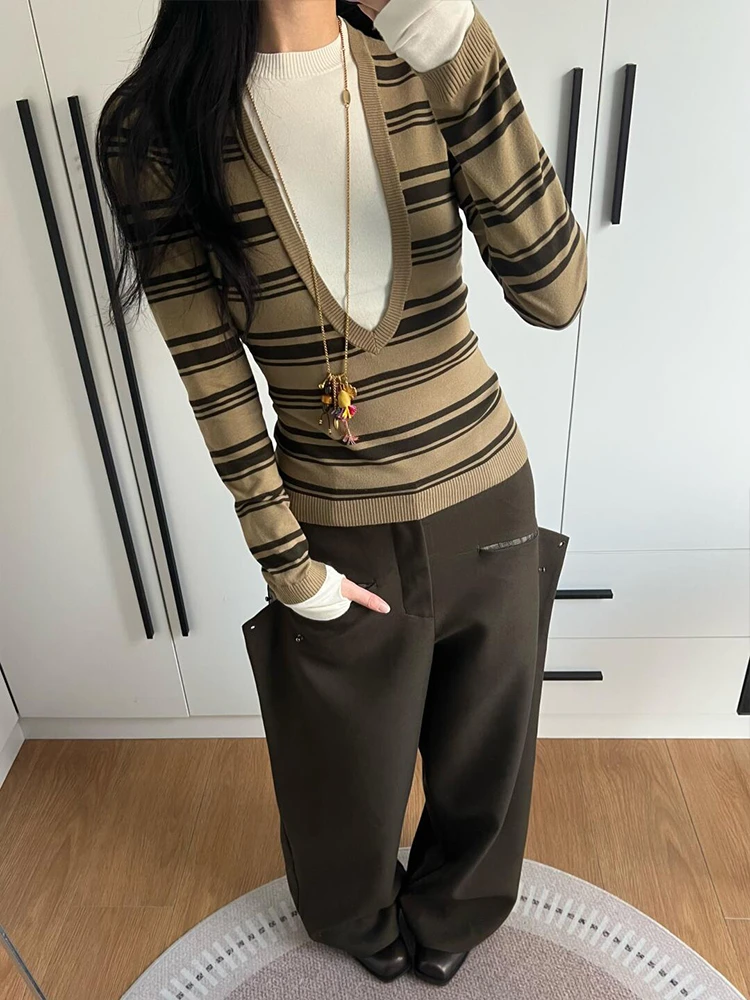 假两件长袖针织衫女秋季穿搭撞色条纹毛衣内搭长袖上衣修身打底衫
