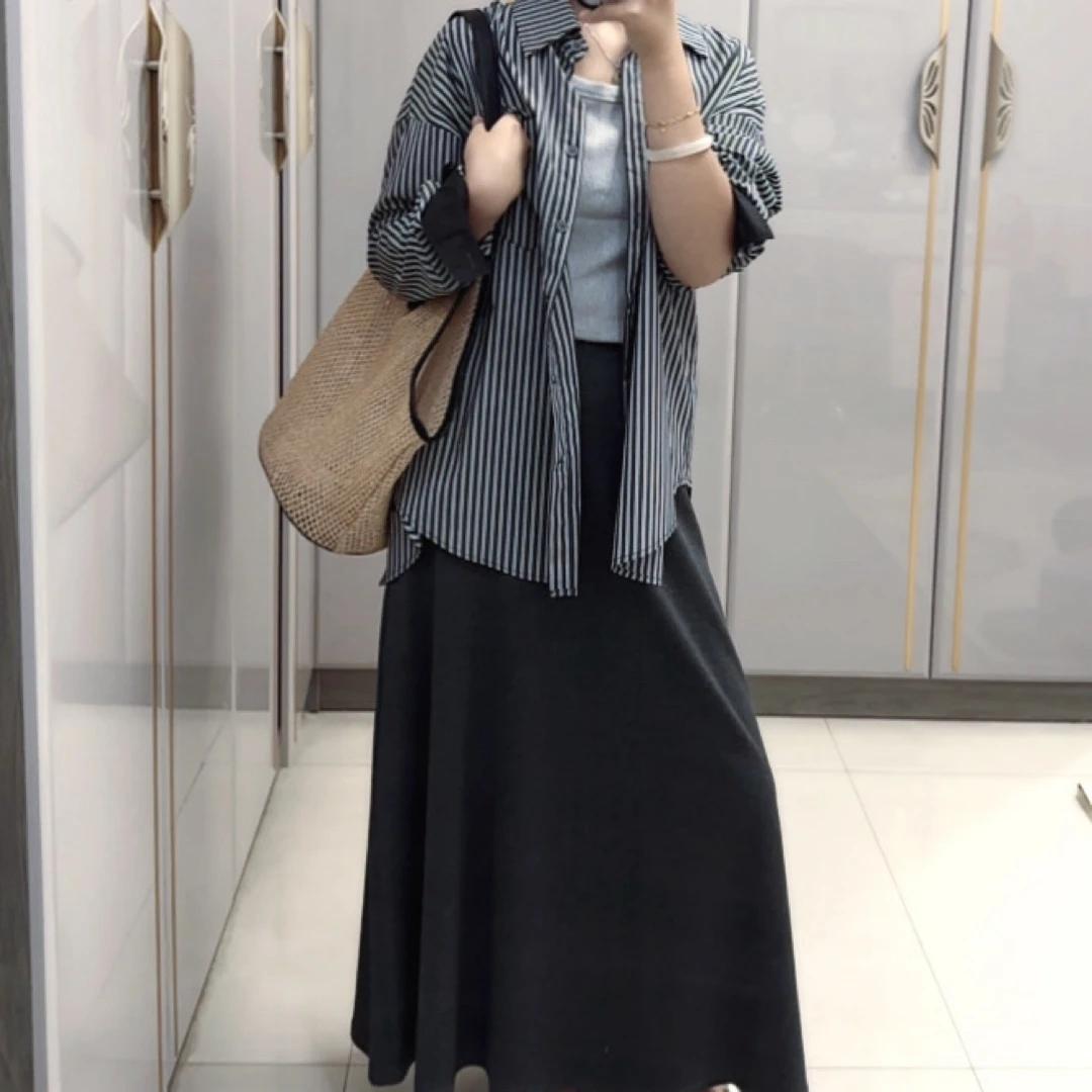 秋装韩系休闲条纹衬衫搭与半身裙