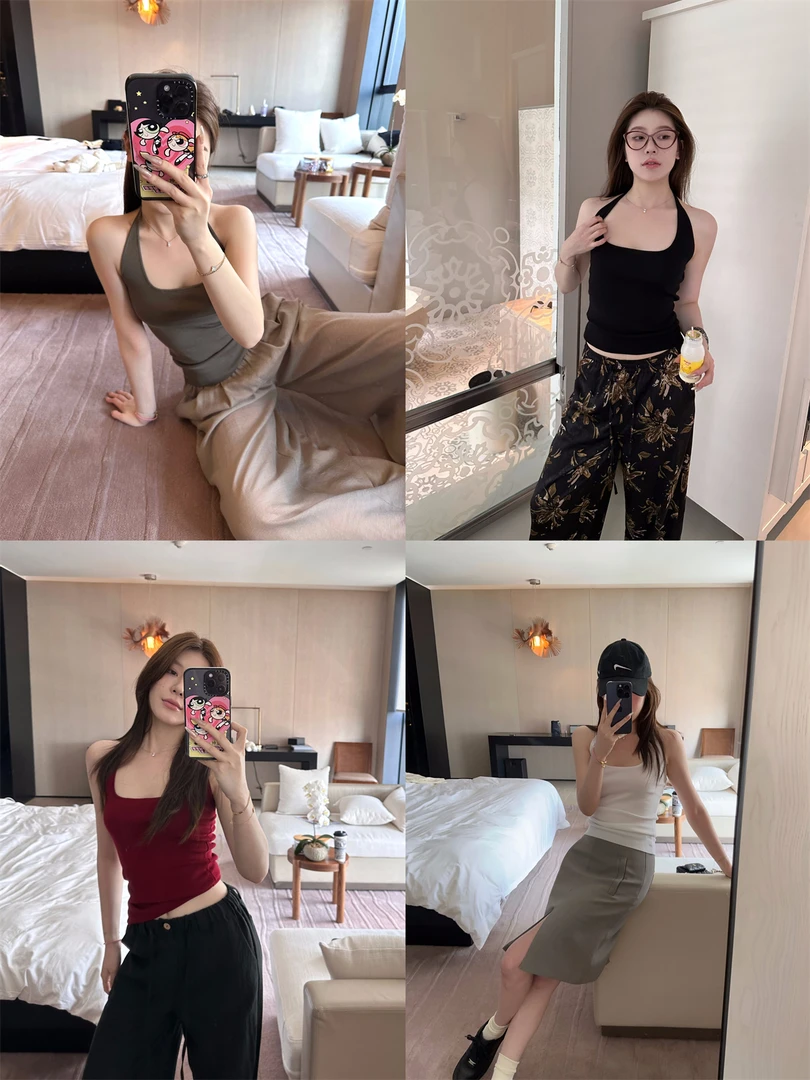 蝶宝嘻 包裹感很好的挂脖吊带夏季百搭修身显瘦背心上衣 4色