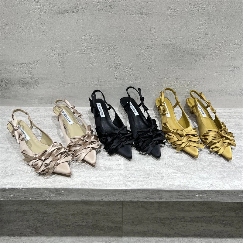 欧洲站女鞋2025春新款欧货真皮蝴蝶结一字带时尚高跟鞋包头凉鞋潮