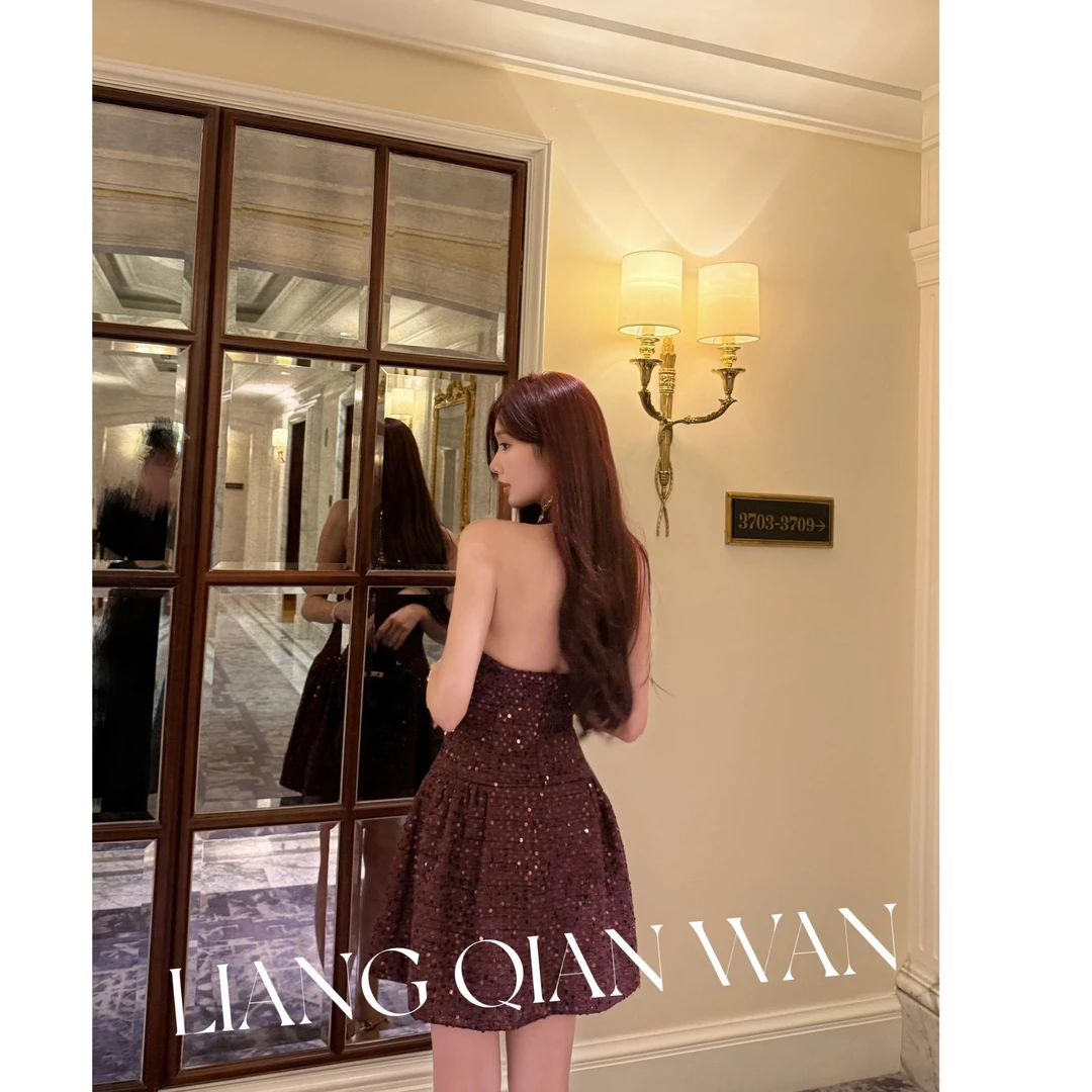 【梁千万】法式小香风水钻挂链高级感御姐连衣裙-YL90009