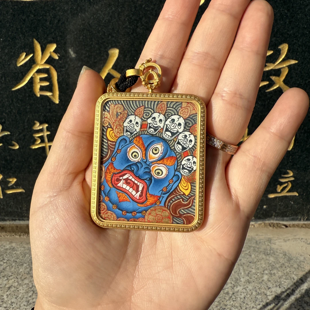 【藏地财宝唐卡】大黑天 热贡纯手工唐卡4×5cm