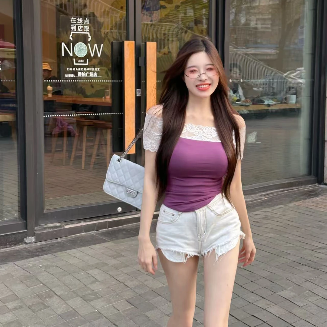 【赫拉千金】7359＃春夏款蕾丝一字领短袖上衣