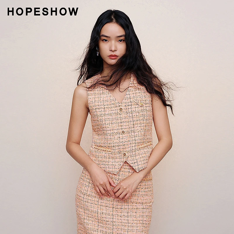 红袖2024春季女装 香风肌理感正肩单排扣V领马甲外套89324471901