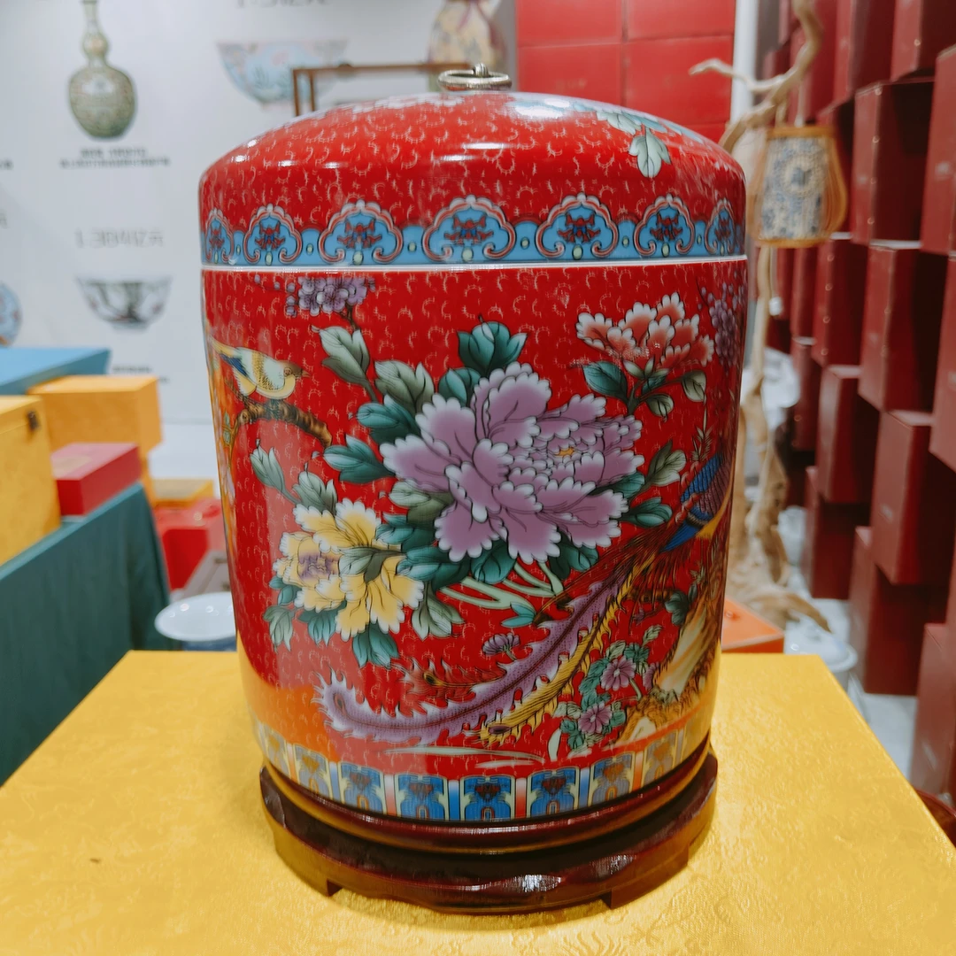 【袁氏瓷业】景德镇红色百鸟朝凤10斤装储物罐+底座